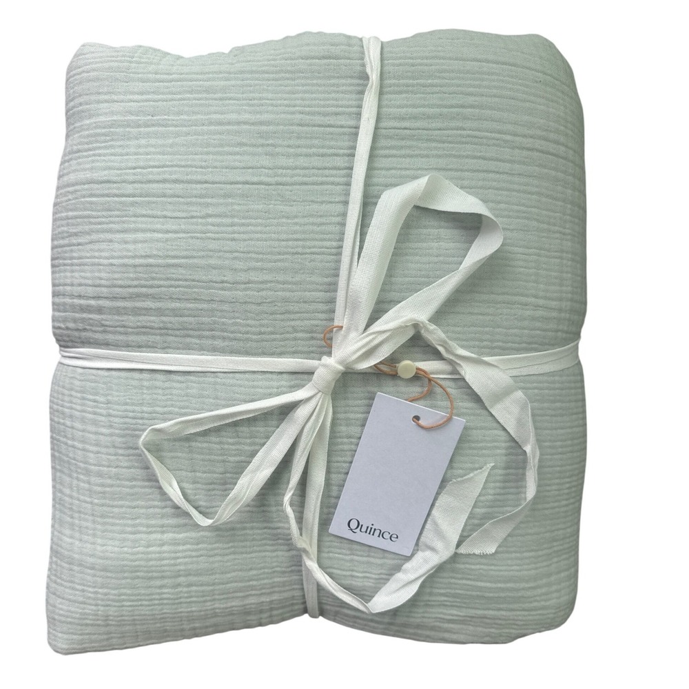 Quince Organic Cotton Gauze Blanket King Mist Green Blue Textured New